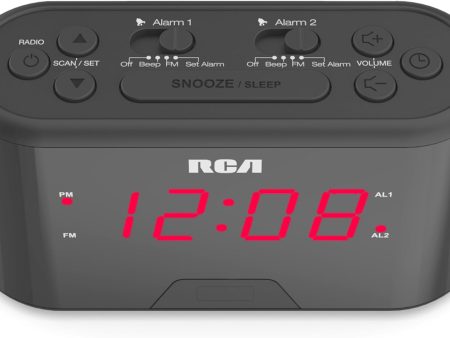 RCA AM FM Alarm Clock Radio w Red LED And Dual Wake - Black Discount