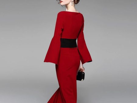 New irregular waist-tightening dress, red medium-length dress and dress for banquet dress in 2019 Cheap