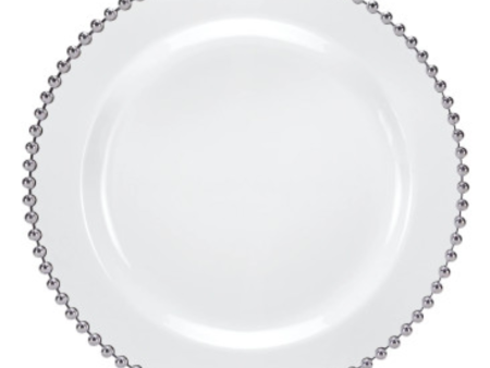 Beaded Premium Plastic Dinner Plates – White With Silver Trim - 10.75  – Set of 10 For Sale